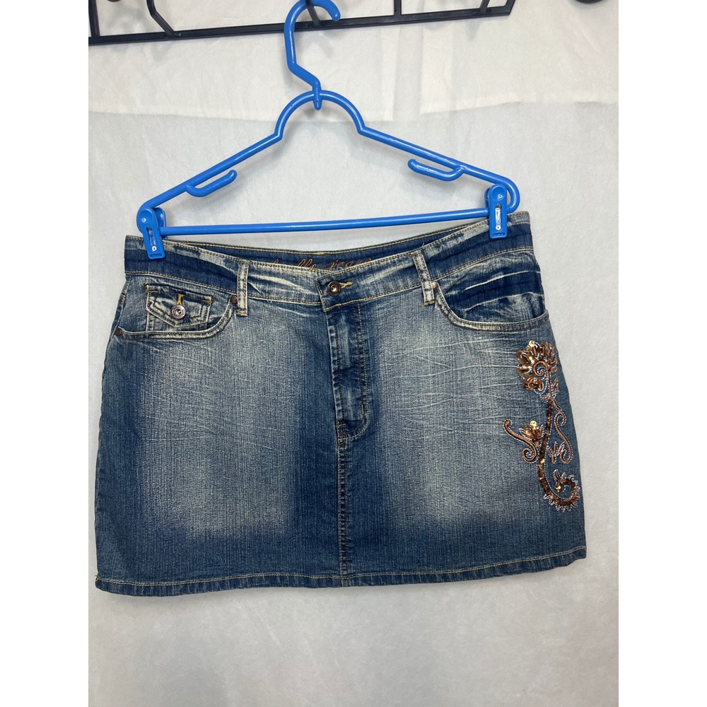 Apollo Jeans Women 1XL Denim Mini Skirt Medium Wash Sequined Floral Embroidery